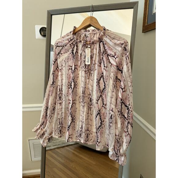 Kobi Halperin Tops - Glam Snake Print Blouse Large Pink Beige Long Sleeve Boho Top